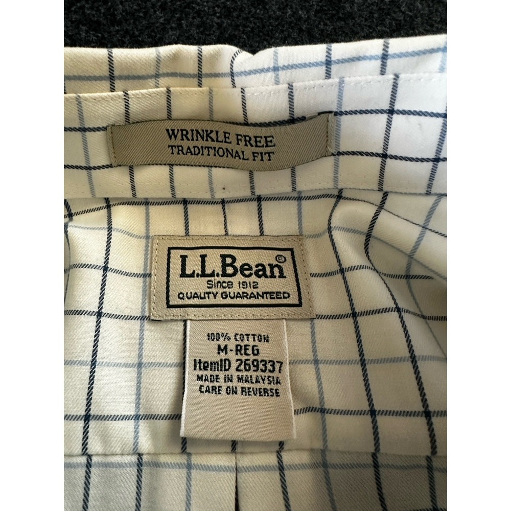 Mens LL Bean Button Down Long Sleeve Shirt Med Cream Blue Check Wrinkle Free - Picture 4 of 7